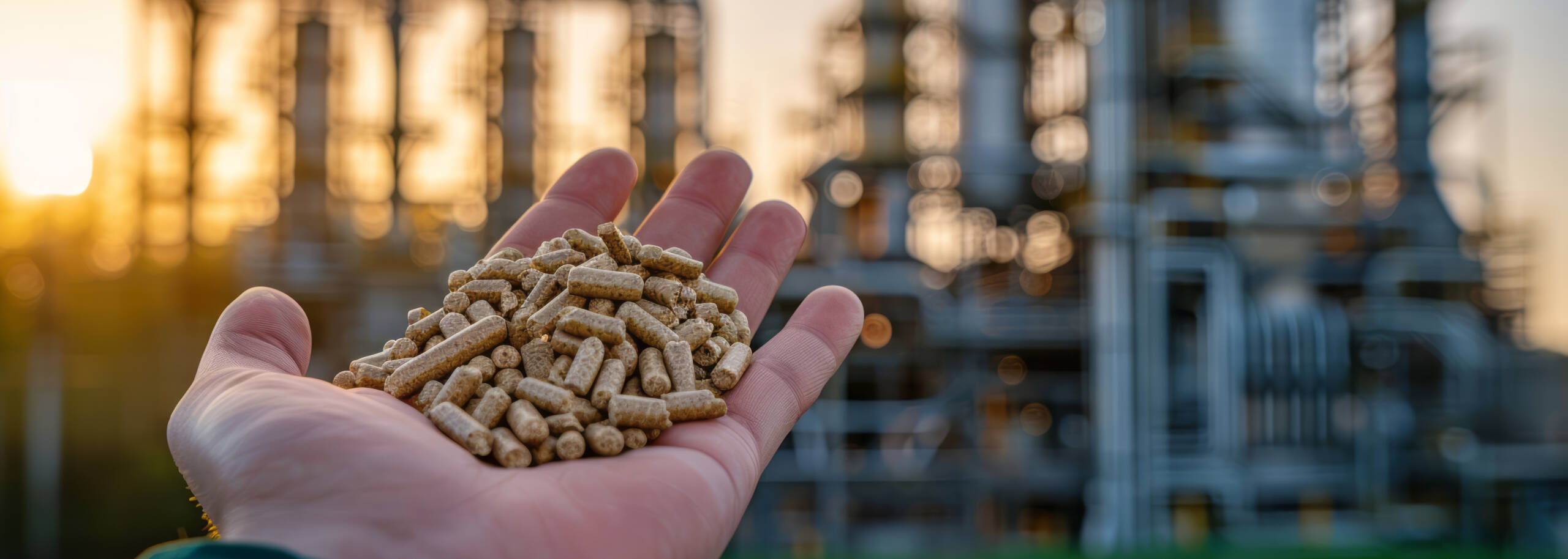 Hand holding biofuel pellets on background of agricultural silos, sustainable energy source